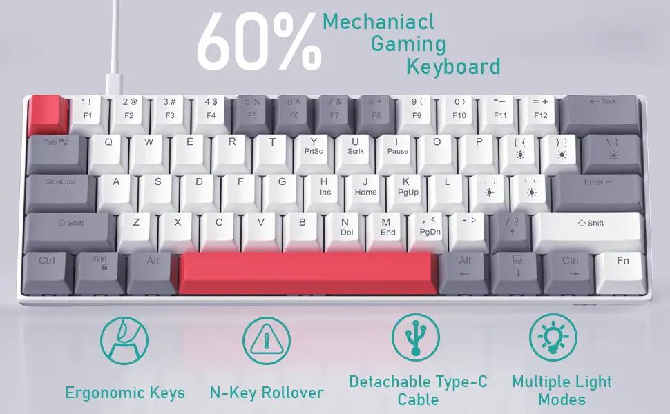 60 percent hot swappable mechanical gaming keyboard with powder blue backlit