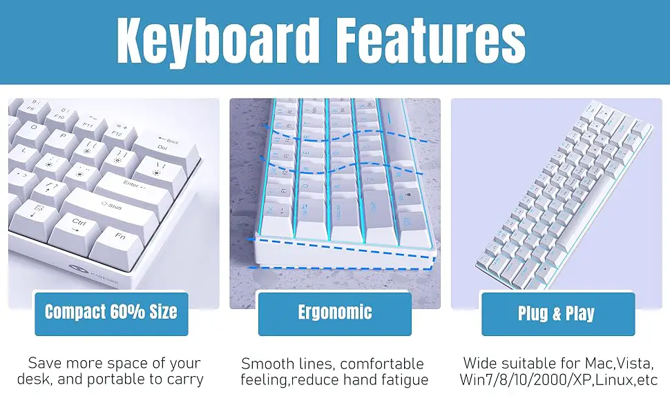60% white mechanical keyboard with blue backlit both for gaming and office