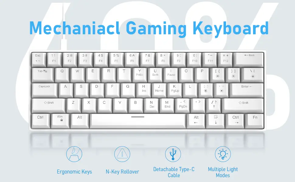 white mechanical mini 60% keyboard with powder blue backlit