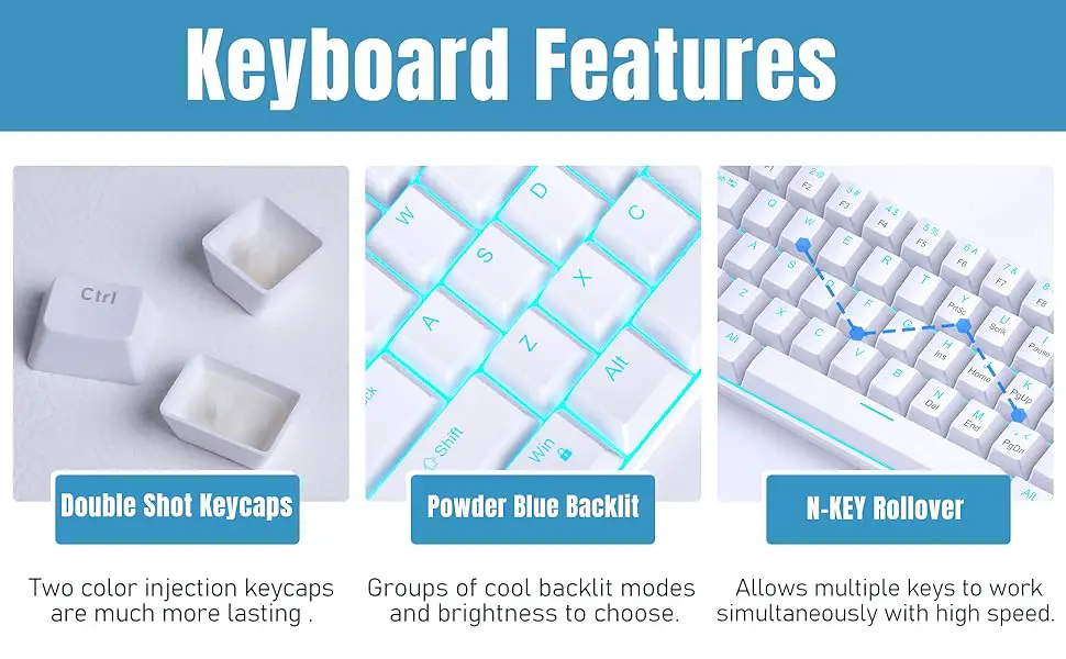 60% mini white mechanical keyboard with powder blue backlit