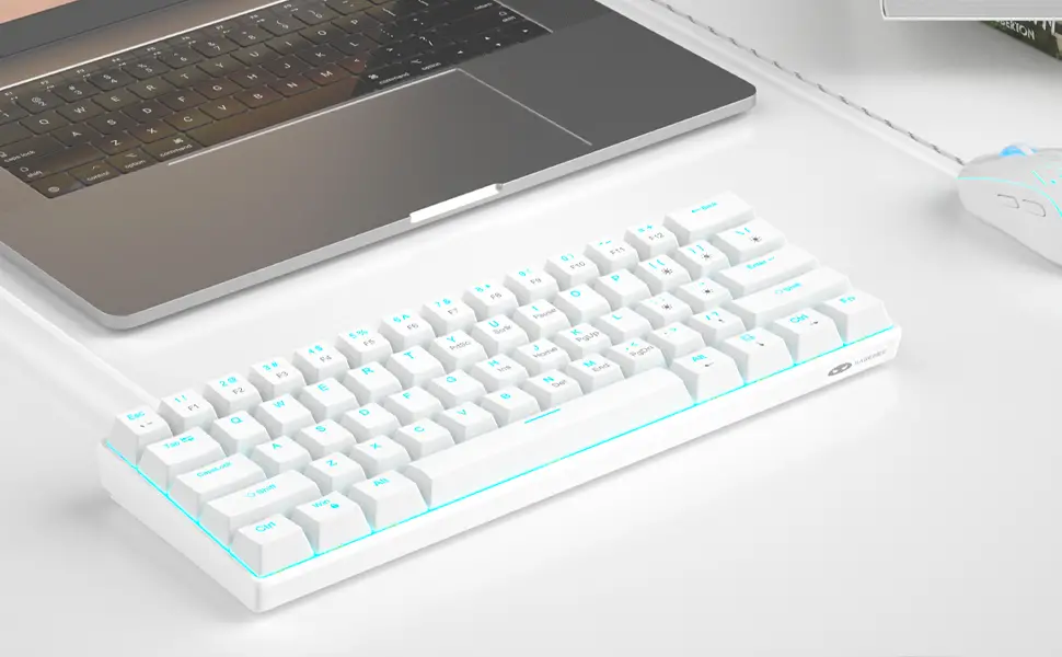white mechanical mini 60% keyboard with powder blue backlit