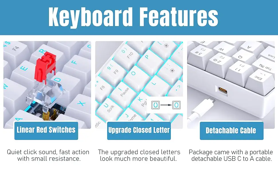 60% mini white mechanical keyboard with powder blue backlit